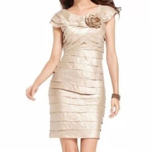 London Times Women's Corsage Shimmer Shutter Dress, Champagne, size 6 - Picture 1 of 13